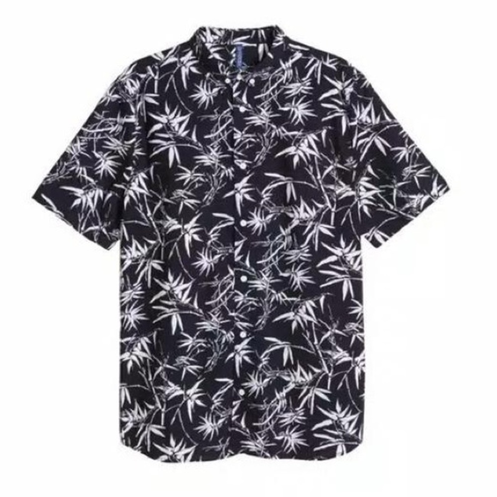H&M Black and White Bamboo Leaf Button Up Print Shirt